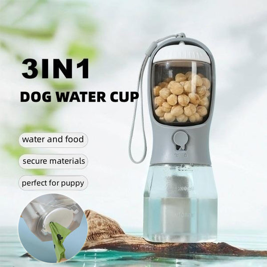 3-in-1 Portable Dog Water Bottle - Travel Pet Water & Food Dispenser with Waste Bag Holder