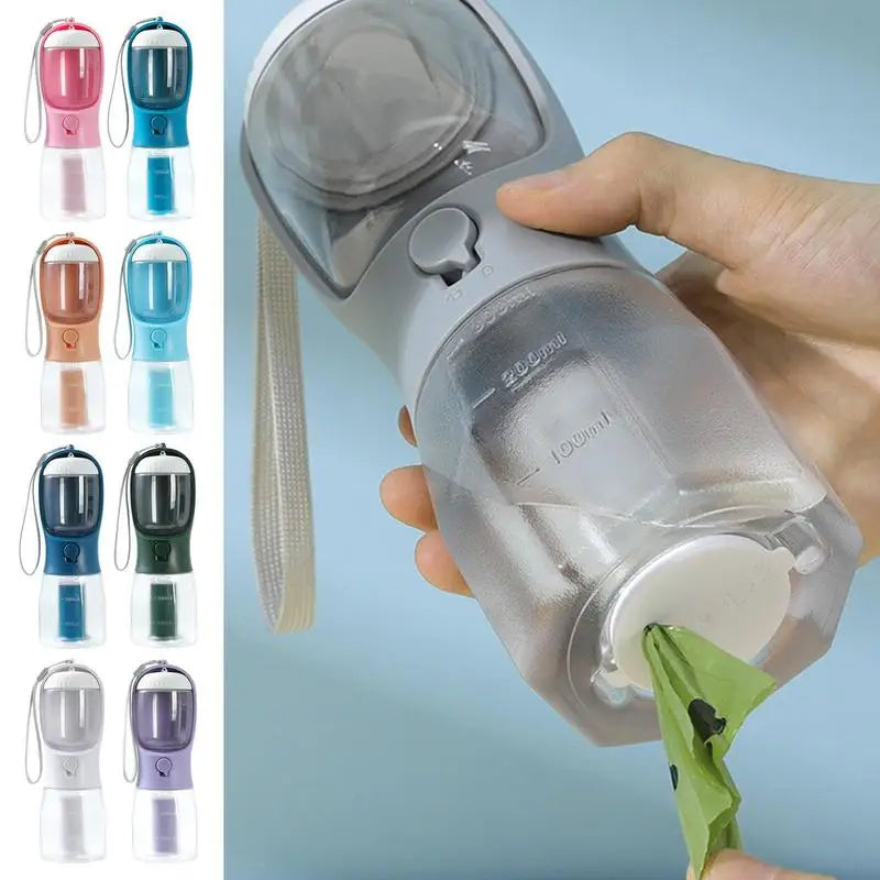 3-in-1 Portable Dog Water Bottle - Travel Pet Water & Food Dispenser with Waste Bag Holder