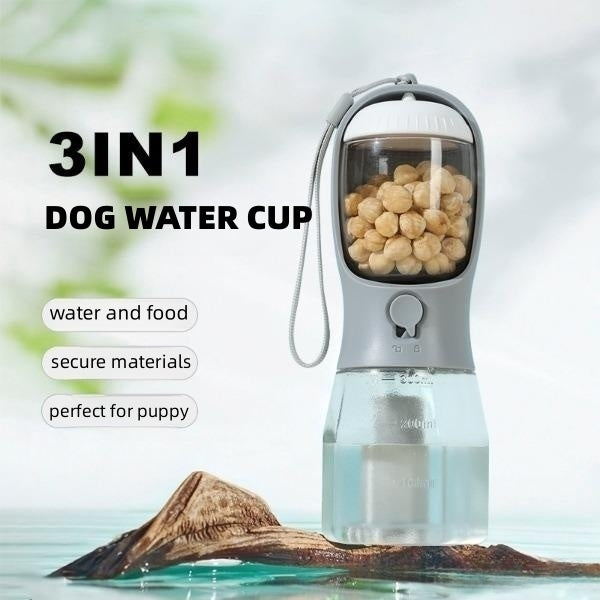 3-in-1 Portable Dog Water Bottle - Travel Pet Water & Food Dispenser with Waste Bag Holder